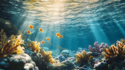 Fototapeta premium 3. A serene underwater scene featuring a coral reef with vibrant marine life and sunlight filtering through the water