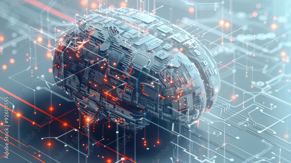 Poster a vector design of an ai brain made up of interconnected digital circuits and data streams. high-tec