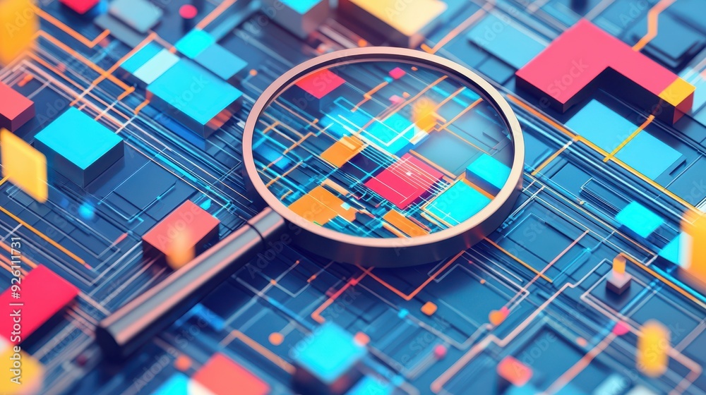 Poster magnifying glass highlighting colorful abstract digital circuitry, symbolizing data analysis, techno