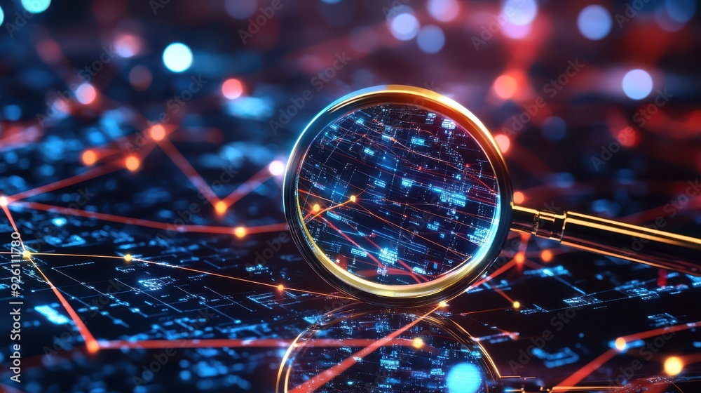 Poster magnifying glass zooming in on a digital network with interconnected red and blue nodes, representin