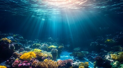 Fototapeta premium 3. A serene underwater scene featuring a coral reef with vibrant marine life and sunlight filtering through the water