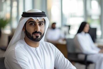 Fototapeta premium Emirati Arab at office wearing Kandura looking at front ideal for Middle East business concept with generative ai