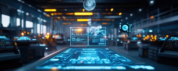 Obraz premium An advanced aerospace factory floor features holographic interfaces displaying economic indicators.