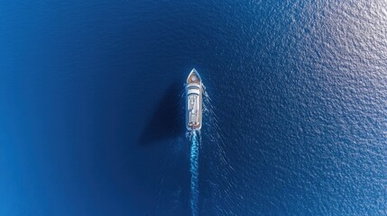 A luxury cruise vessel sails smoothly on the ocean’s surface, with sunlight reflecting off the clear blue water and a vibrant sky above
