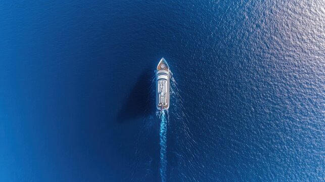 A luxury cruise vessel sails smoothly on the ocean’s surface, with sunlight reflecting off the clear blue water and a vibrant sky above