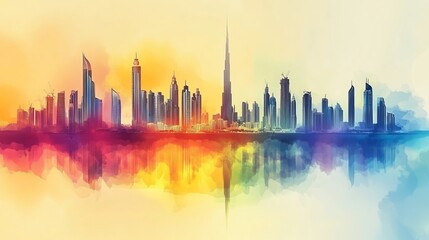 Fototapeta premium An abstract representation of the Dubai skyline, showcasing its iconic and modern architecture in a stylized, artistic manner.