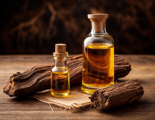 Close Up Of Oud Oils Arabian perfume with agar sticks in a wooden beige background