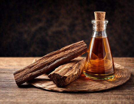 Oud oil arabic perfume in dark background with oud sticks