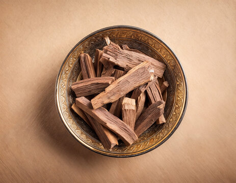 Sticks Of agarwood isoalted on beige Babckground. The Incense Chips Used By Burning it or for arabian oud oil