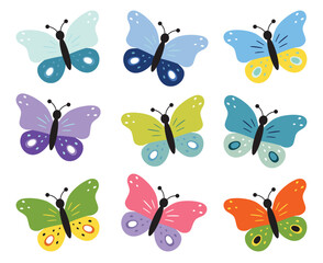 Obraz premium Butterfly collection, cute kids cartoon vector. Illustration isolated on white background. Color insect clipart. Baby shower design elements. Party invitation, birthday celebration. Spring, summer art