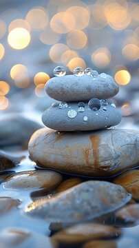 Gentle water drops on smooth river stones, with a background of soft bokeh lights, more clarity with clear light and sharp focus, super detailed