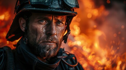 Obraz premium Firefighter battling flames in a dramatic blaze at sunset