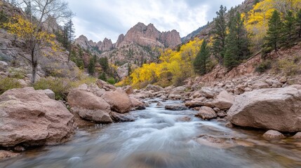 Obraz premium mountain peak towers over a vibrant valley with autumn foliage and a serene stream flowing between boulders under a beautiful sky filled with white clouds