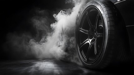 Close up of a black car tire with smoke coming from the wheel.
