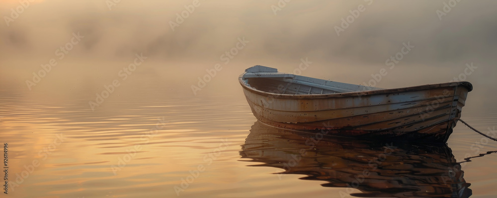 Canvas Prints Solitary Rowboat on a Misty Lake at Sunrise - A single rowboat rests peacefully on a still lake, enveloped in a soft mist. The golden light of sunrise casts a warm glow on the water, creating a sense 