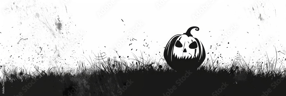 Sticker Spooky Jack-o'-Lantern in a Field of Grass - A spooky jack-o'-lantern with a menacing grin, standing tall in a field of grass with a white background. It symbolizes Halloween, autumn, spooky season, m