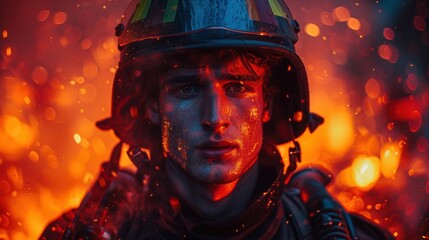 Firefighter standing bravely amidst flames during a night operation in a city