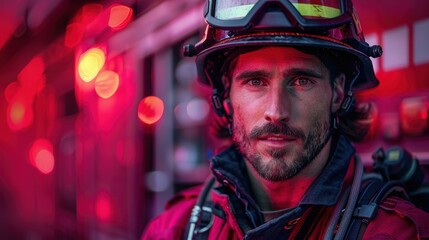 A firefighter stands confidently in front of a fire truck illuminated by red lights during an emergency response at night