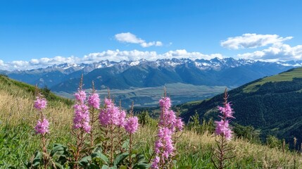 Fototapeta premium Vibrant bluebonnet and purple Alyssum flowers bloom in front of snow-capped peaks, creating a picturesque landscape against a bright blue sky in Grand Teton National Park