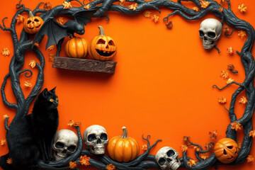 A spooky Halloween frame showcasing a children's party on an orange background. Jack-o'-lanterns, ghosts, bats, and playful elements create a festive, eerie vibe.