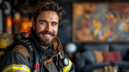 Smiling firefighter in uniform poses indoors with a cozy background and soft lighting