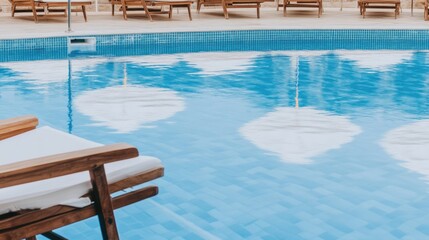 Obraz premium Sun loungers line the edge of a shimmering pool, featuring white umbrellas and a bright atmosphere on a sunny day