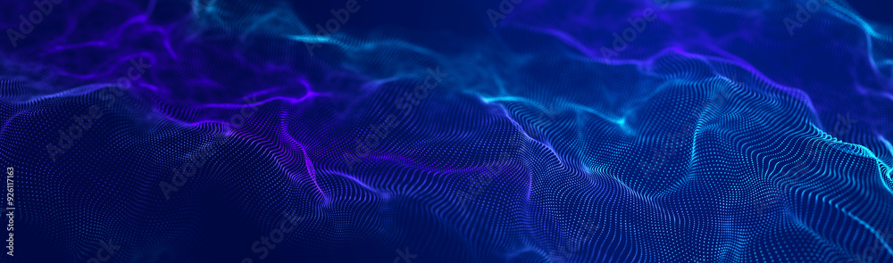Poster futuristic wave of dots with moving particles. abstract technology background. 3d visualization of b