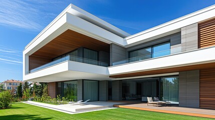 Fototapeta premium A contemporary family residence features terraces and balconies, surrounded by a lush green lawn, showcasing clear skies and vibrant daylight