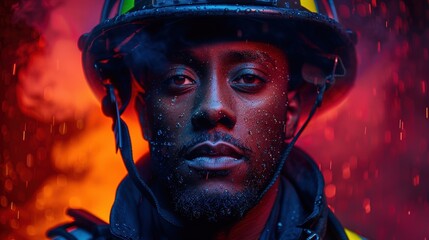 A firefighter stands against a dramatic background illuminated by fire at dusk, rain glistening on his helmet