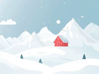 A cozy red house sits on a snowy landscape with towering mountains in the background under a clear blue sky Snowflakes gently fall around