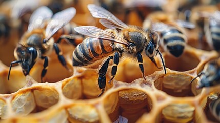 A honey bees in the hive making honey. Generative AI.