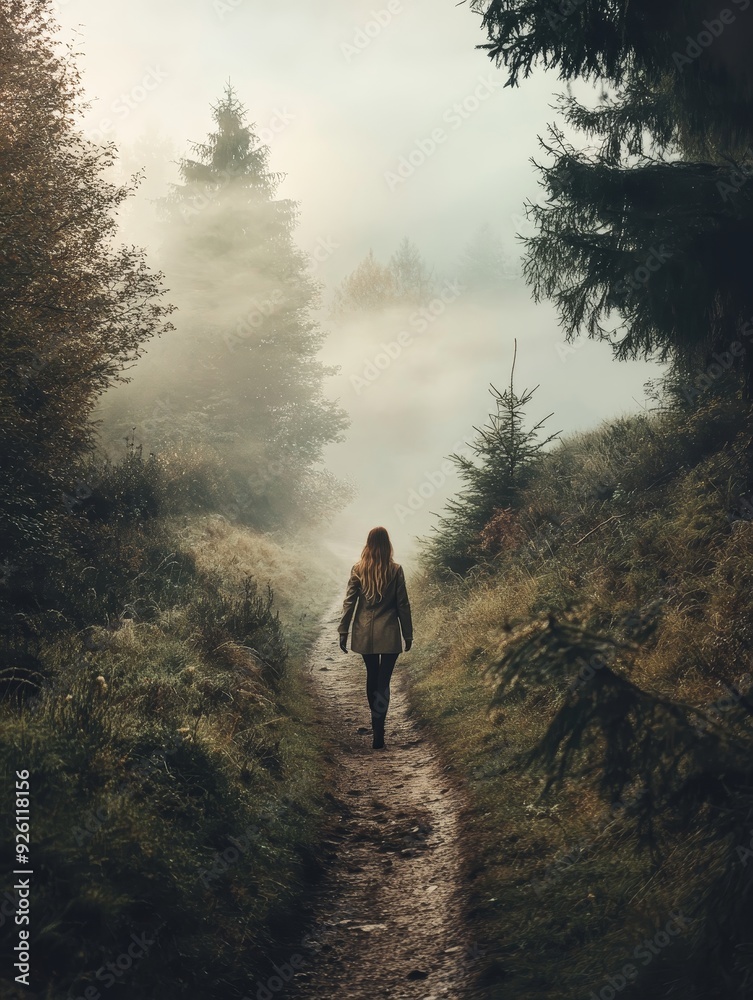 Wall mural Woman Walking Through Foggy Forest Path - A woman walks down a forest path shrouded in mist, symbolizing mystery, introspection, adventure, nature, and solitude.