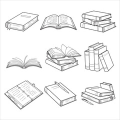 Hand drawing books set. Drawn sketch of literature. School or college students library book illustration vector collection line art.