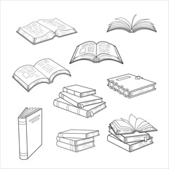 Hand drawing books set. Drawn sketch of literature. School or college students library book illustration vector  line art.