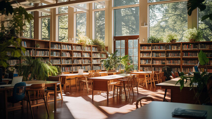 Tranquil Library with Indoor Greenery and Light