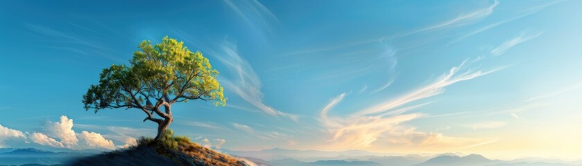 Obraz premium Solitary Serenity: A lone tree stands sentinel on a clifftop, bathed in the warm glow of a breathtaking sunrise over a tranquil sea. 