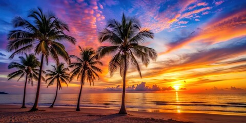 Obraz premium Vibrant sunset over calm beach setting with silhouetted palm trees, sunset, beach, tropical, sun, dusk, horizon, ocean