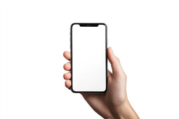 Hand showing smartphone with blank screen isolated on white background with generative ai