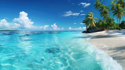 Crystal clear turquoise waters lap gently at a pristine white sand beach, framed by swaying palm trees under a vibrant blue sky. 