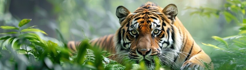 Majestic Bengal Tiger: A majestic Bengal tiger, with piercing green eyes, gazes intensely from the lush greenery of its jungle habitat.  Capturing the raw power and beauty of this endangered species. 