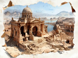 Fototapeta premium Ruins of Time: A haunting watercolor illustration of a once-grand church, now reduced to crumbling ruins, evokes a sense of loss, history, and the passage of time.