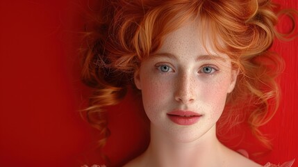 Naklejka premium Young woman with red curly hair lying on a red background, showcasing natural beauty and serene expression