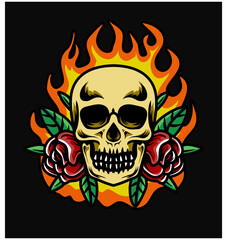 Skull with flames and flowers design with black background for clothing or apparel
