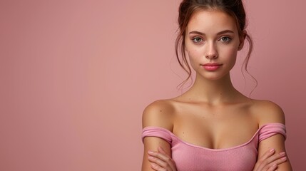 Fototapeta premium Young woman poses confidently with crossed arms against a pink background during a studio photoshoot