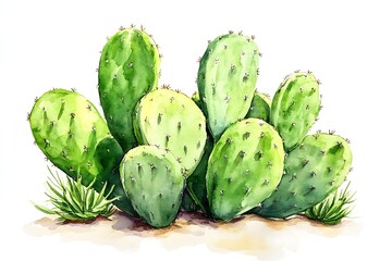 Watercolor Painting of a Prickly Pear Cactus Plant.