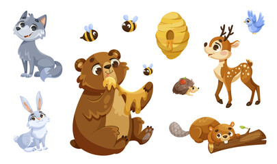 Fototapeta premium Illustration of cute forest animals and insects, colorful cartoon style, on a white background. Concept of wildlife and nature for children. Vector illustration