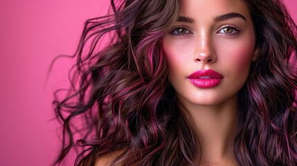 Fototapeta premium A young woman with long, wavy hair featuring pink highlights poses against a vibrant pink background