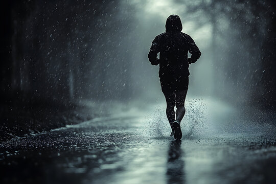 Determined Runner Braving Heavy Rainstorm at Night.