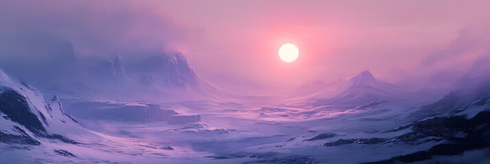 the sun rising over mountains, soft purple light