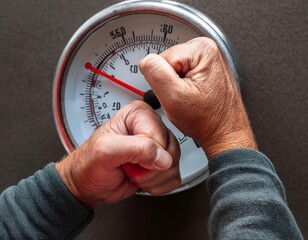 Pressure and stress featuring elements like clenched fists, sweat, and a gauge representing tension, high demands, and stress management.